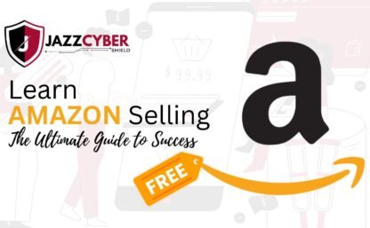 Professional black and red banner for Amazon Selling Course by Jazz Cyber Shield, featuring eCommerce icons, sales graphs, and a call-to-action 'Enroll Now'