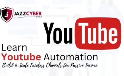 A dynamic YouTube Automation course thumbnail featuring a faceless YouTube creator, AI tools, and video editing elements with a bold title and a money symbol representing passive income.